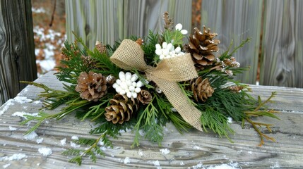 Wall Mural - An adorable Christmas-themed floral arrangement using pine cones 