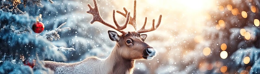 Wall Mural - A serene reindeer surrounded by snow and Christmas lights, embodying the spirit of winter and holiday traditions.