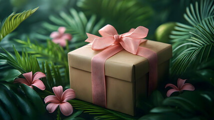 Wall Mural - 3D Render of a Gift Box With Pink Bow on Tropical Leaves and Flowers Background