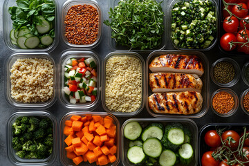 Poster - Photo - Delicious Meal Prep Containers with Healthy Grilled Chicken, Quinoa, Vegetables and Lentils