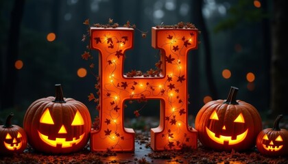 Wall Mural -  Spooky Halloween Decor with JackoLanterns and Lighted Letter H