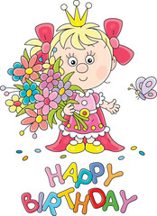 Sticker - Happy birthday card with a little princess holding a colorful bouquet of beautiful summer flowers, vector cartoon illustration on a white background