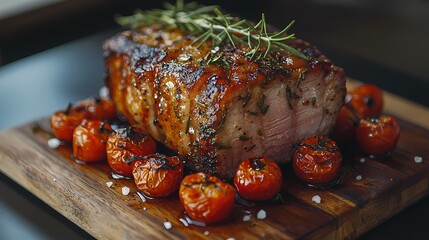 Wall Mural - Succulent roasted meat with cherry tomatoes and herbs on a wooden board.