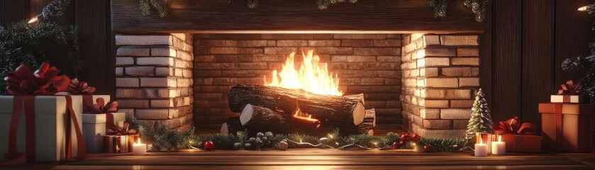 Aufkleber - Cozy fireplace decorated with festive gifts and candles, creating a warm Christmas ambiance with a delightful glow.