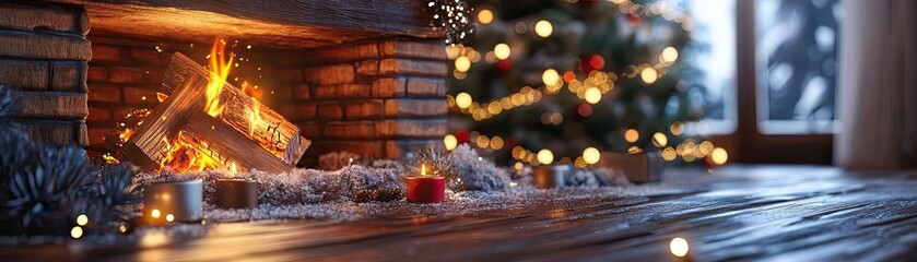 Poster - Cozy fireplace with warm flames, decorated Christmas tree, and festive lights creating a serene holiday atmosphere.