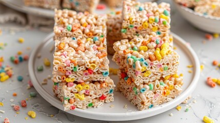 Canvas Print - A stack of colorful cereal bars on a white plate