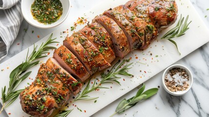 Wall Mural - A long piece of meat is sliced and served on a white plate