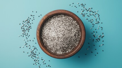 Wall Mural - Chia seeds flour on brown wooden bowl and some seeds for baking, gluten free copy space