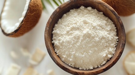 Wall Mural - Coconut flour on brown wooden bowl and some Coconut slice for baking, gluten free copy space