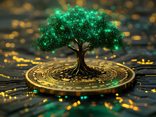 Wall Mural - Glowing Green Tree on Golden Circuitry - 3D Illustration