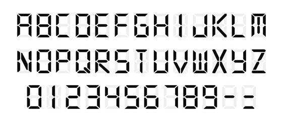 Poster - Digital Display Font with Alarm Clock Letters, Black Electronic Alphabet, Retro Calculator Symbols, LCD Monitor Characters, and Scoreboard Digits. Vector EPS 10