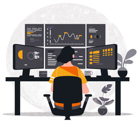 Female web developer working in multiple screens computer desk. Flat design illustration on transparent background