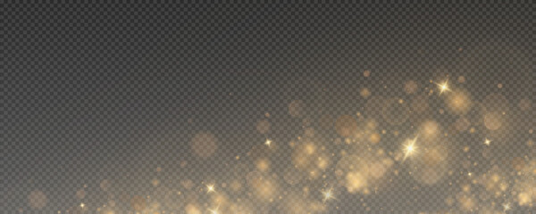 Wall Mural - Christmas glowing bokeh confetti light and glitter texture overlay for your design. Festive sparkling gold dust png. Holiday powder dust for cards, invitations, banners, advertising.