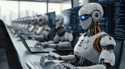 Poster - A futuristic scene of AI robots in finance, analyzing data and executing transactions with precision in a fast-paced environment.