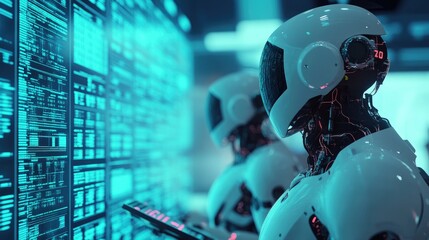 Poster - A futuristic scene of AI robots in finance, analyzing data and executing transactions with precision in a fast-paced environment.