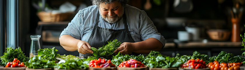 Wall Mural - Chef Arranging Fresh Lettuce Greens for a Salad Photo