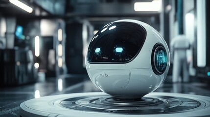 Poster - A futuristic spherical robot with an AI-powered interface, acting as a personal assistant, seamlessly integrated into daily life.