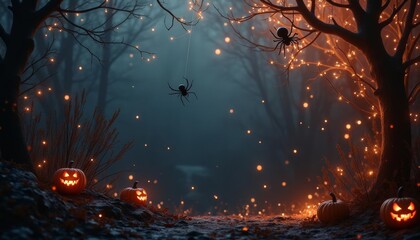 Canvas Print -  Enchanting Halloween forest with glowing jackolanterns and floating spider