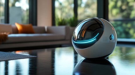 Poster - A futuristic spherical robot with an AI-powered interface, acting as a personal assistant, seamlessly integrated into daily life.