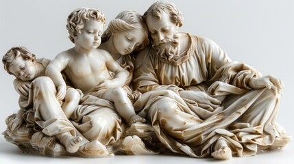 A serene family sculpture of a father and three children resting peacefully together in soft light. Generative AI