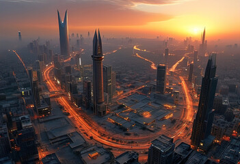 Wall Mural - Panoramic views of modern advanced metropolis with business centers and highways at dawn.