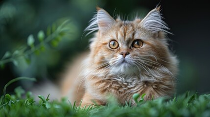 Wall Mural - A fluffy ginger cat resting among vibrant greenery during a serene afternoon in a tranquil garden. Generative AI