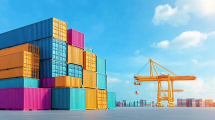 Stacked shipping containers at dockyard, cranes in action, logistics hub, 3D illustration