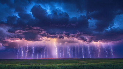 Wall Mural - Intense Lightning Storm Over Green Field with Dark Cloudy Sky