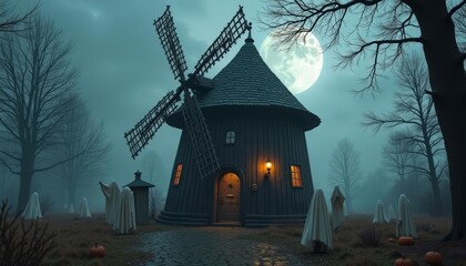 Poster -  Eerie Halloween night with a haunted windmill and ghostly figures