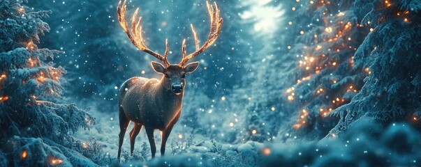 Majestic deer with antlers stands in a serene forest adorned with soft light, creating a tranquil winter atmosphere.