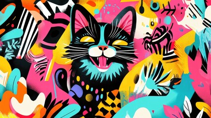 A lively poster with a cheerful cat at the center, surrounded by vibrant patterns and notes, full of energy and fun.