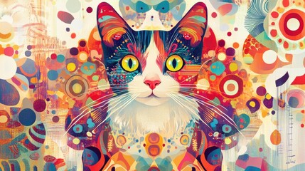 Naklejka na meble A lively poster with a cheerful cat at the center, surrounded by vibrant patterns and notes, full of energy and fun.