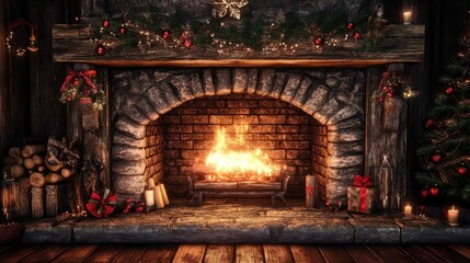 Warm and cozy fireplace decorated for the holidays, featuring a glowing fire, stacked wood, and festive ornaments.