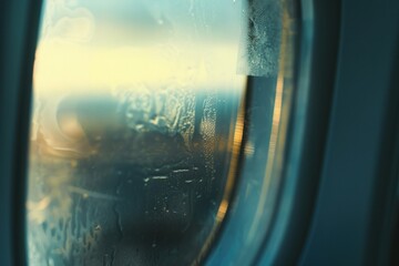 Canvas Print - Steamed fogged inside airplane window backgrounds glass transportation.