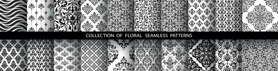 Poster - Geometric floral set of seamless patterns. White and black vector backgrounds. Damask graphic ornaments.