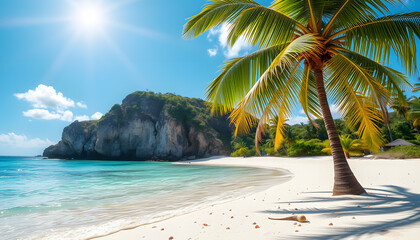 Wall Mural - Sunny tropical beach with turquoise water, summer holidays vacation background, seashells in sand, palm tree on the beach isolated with white highlights, png