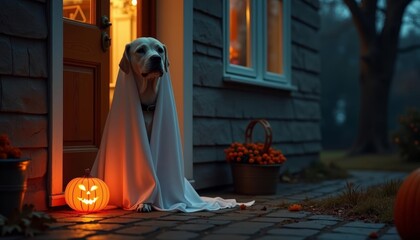 Sticker -  Trick or Treat A Halloweenready pup waits for the nights festivities