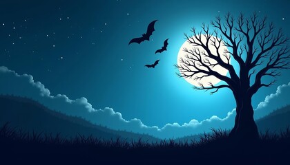 Wall Mural -  Moonlit Halloween night bat silhouettes and bare trees under a starry sky