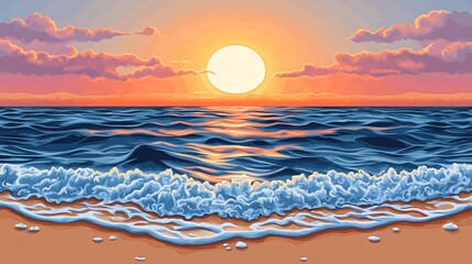 Wall Mural - A beautiful sunset over the ocean with waves crashing on the shore.