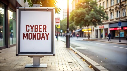 City street featuring a bold 'Cyber Monday' sign, capturing the essence of holiday shopping and urban life during the festive season.