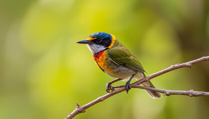 A bird is perched on a branch with a flower in its beak