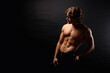 © Alex Vog - Studio shot of handsome muscular man with muscle abs press posing in shadow at black background. Portrait of sporty healthy strong guy with perfect sexy bare torso, fashion model. Copy ad text space