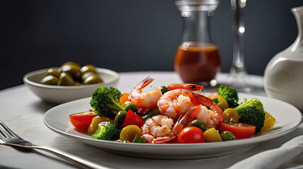 Wall Mural - A plate of shrimp and vegetables is placed on a glass plate with ice and a white bowl of sauce. beautiful table setting with a white background and free space for copy