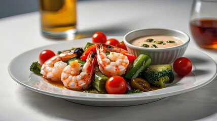 Wall Mural - A plate of shrimp and vegetables is placed on a glass plate with ice and a white bowl of sauce. beautiful table setting with a white background and free space for copy