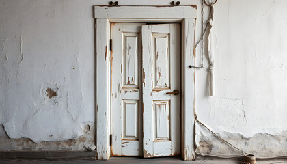 Old rough door with white weathered paint - grungy textured background isolated with white highlights, png