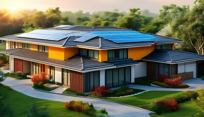 Wall Mural - Sleek Solar Roof Tiles Capturing Renewable Energy in Modern Residential Architecture with a Flat Design and Vibrant Triadic Color Scheme