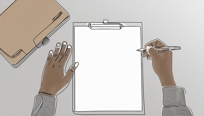 Continuous one line drawing clipboard in hand takes notes in clipboard. hands close up 