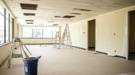 An empty corporate office during renovation, with the walls prepped for painting and renovation tools like ladders and scaffolding set up