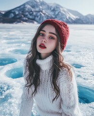 Poster - A beautiful girl with long hair, wearing a white sweater and a red hat, poses on a frozen lake with snow-capped mountains in the background. The image has an Ice Age style and a Christmas aesthetic.