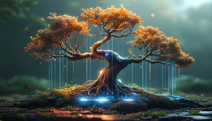 Wall Mural - Holographic Tree with Luminescent Veins Merging Nature and Technology